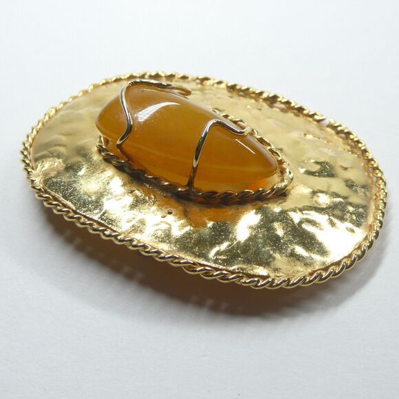 Gold Statement Brooch Pendant Agate Amber Stone Center Signed Barmell Large Pin - Picture 6 of 14